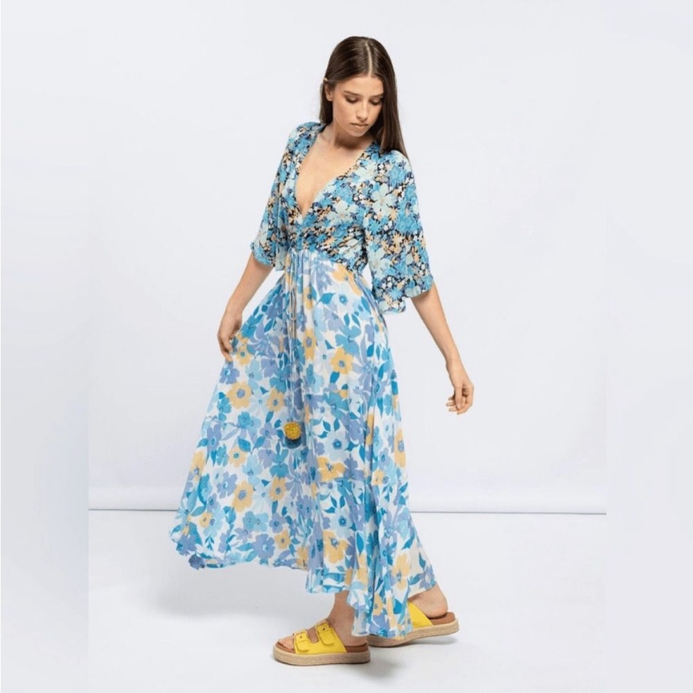 SMF Blue Floral drawstring waist 3 Tiered Maxi Dress size EUR:L UK :12 NWT